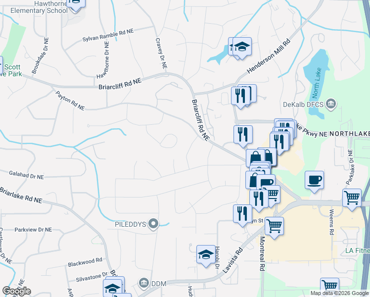 map of restaurants, bars, coffee shops, grocery stores, and more near 2186 Greencrest Drive Northeast in Atlanta