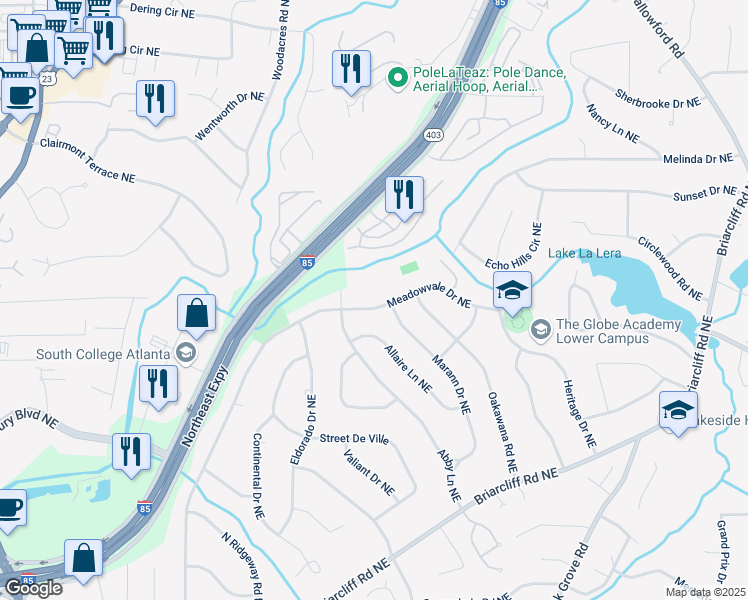map of restaurants, bars, coffee shops, grocery stores, and more near 2246 Meadowvale Drive Northeast in Atlanta