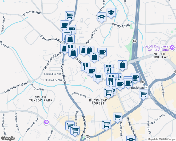 map of restaurants, bars, coffee shops, grocery stores, and more near 3525 Piedmont Road Northeast in Atlanta