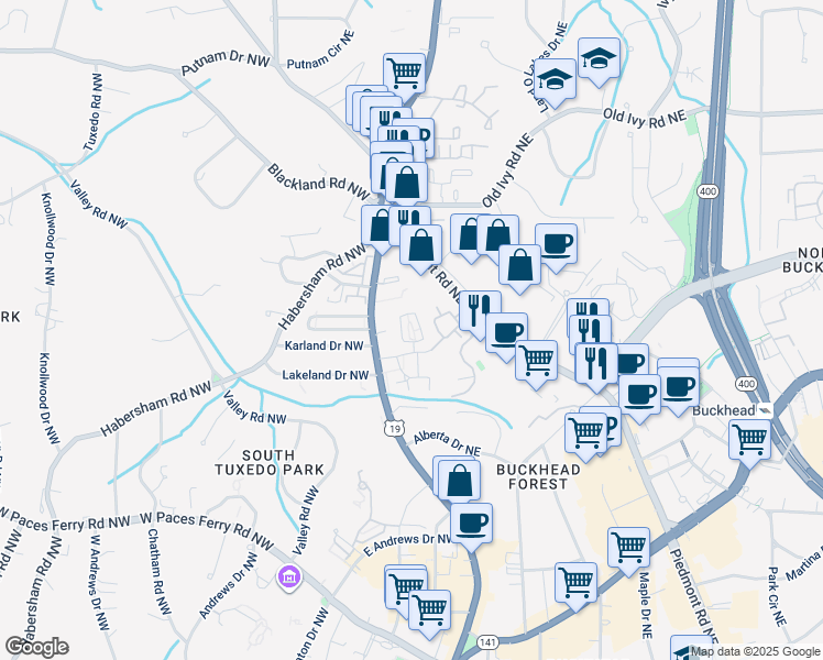 map of restaurants, bars, coffee shops, grocery stores, and more near 50 Lakeland Drive Northwest in Atlanta