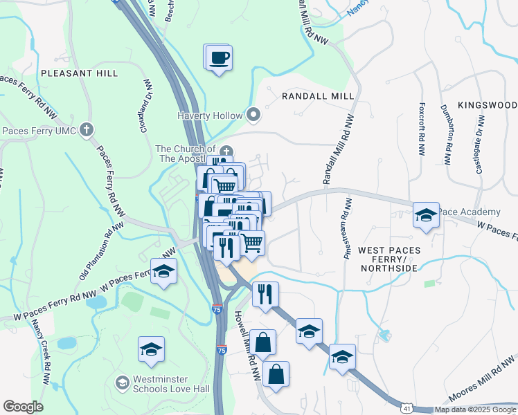 map of restaurants, bars, coffee shops, grocery stores, and more near 78 Paces West Circle Northwest in Atlanta