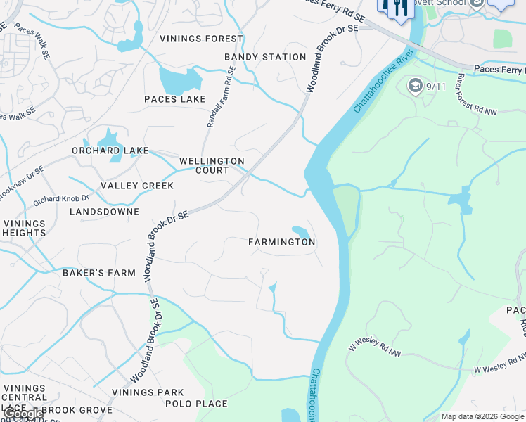 map of restaurants, bars, coffee shops, grocery stores, and more near 3059 Farmington Drive Southeast in Atlanta