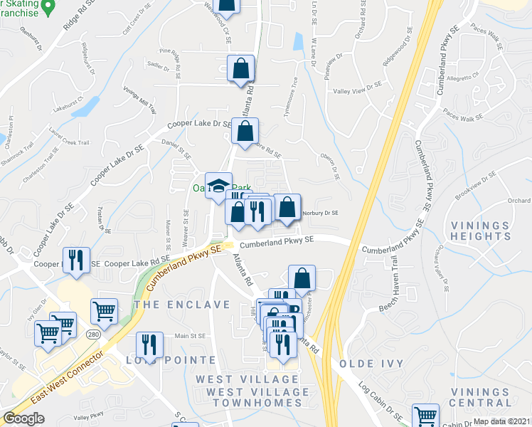 map of restaurants, bars, coffee shops, grocery stores, and more near 4385 Bridgehaven Drive Southeast in Smyrna