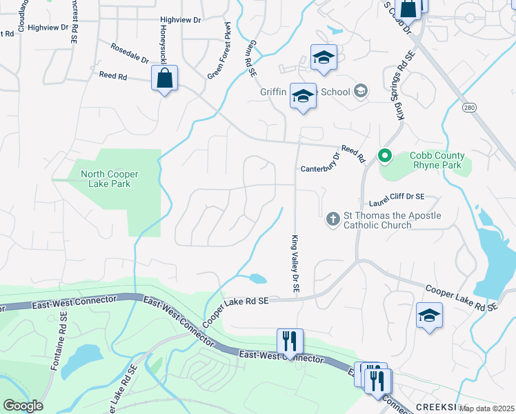 map of restaurants, bars, coffee shops, grocery stores, and more near 1030 Queensgate Drive Southeast in Smyrna
