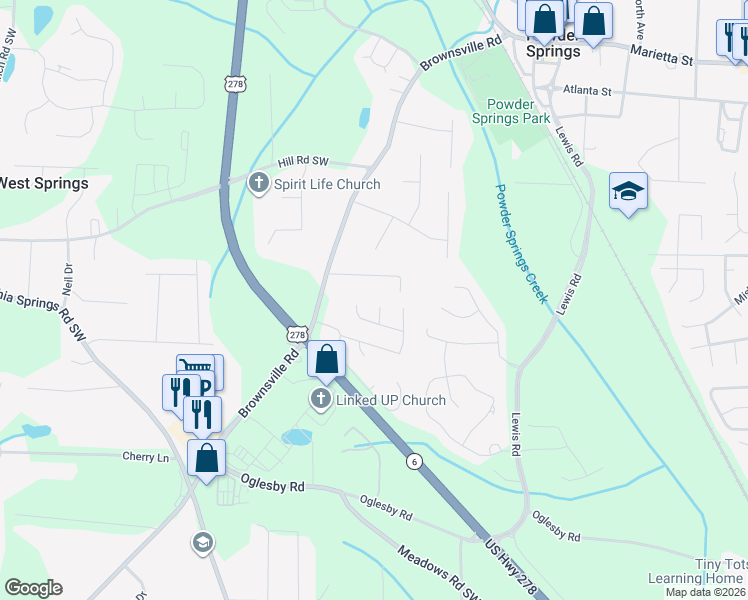 map of restaurants, bars, coffee shops, grocery stores, and more near 6260 Wager Court in Powder Springs