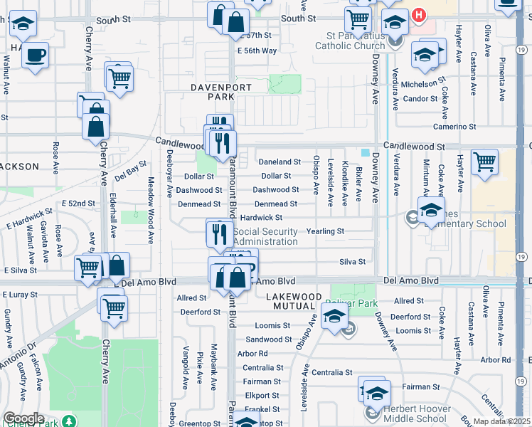 map of restaurants, bars, coffee shops, grocery stores, and more near 2809 Hardwick Street in Lakewood