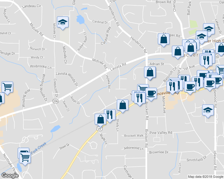 map of restaurants, bars, coffee shops, grocery stores, and more near 2241 Hylaea Road in Tucker