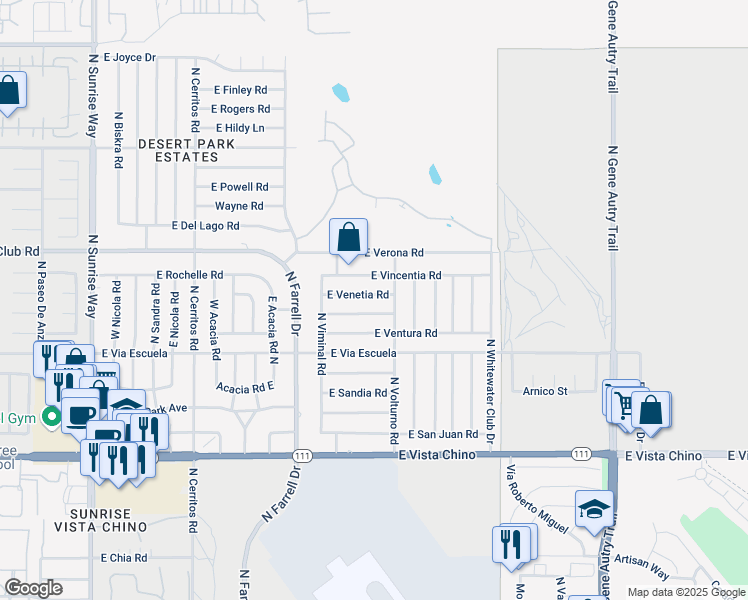 map of restaurants, bars, coffee shops, grocery stores, and more near 2895 East Venetia Road in Palm Springs