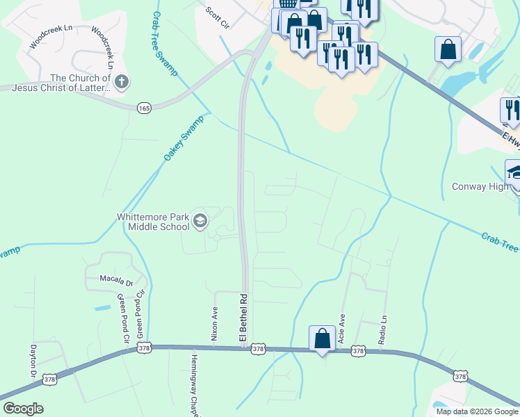 map of restaurants, bars, coffee shops, grocery stores, and more near 525 West Road in Conway