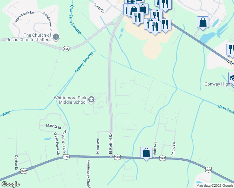 map of restaurants, bars, coffee shops, grocery stores, and more near 525 West Road in Conway