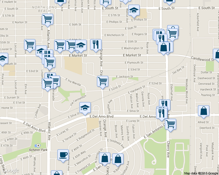 map of restaurants, bars, coffee shops, grocery stores, and more near 5205 Brayton Avenue in Long Beach