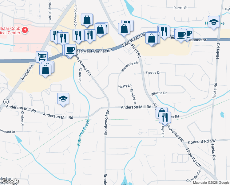 map of restaurants, bars, coffee shops, grocery stores, and more near 4234 Seminole Circle in Austell