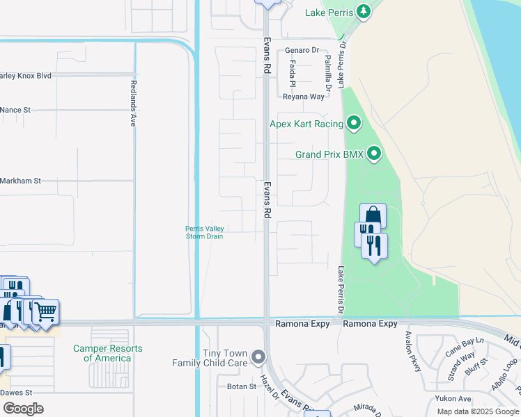 map of restaurants, bars, coffee shops, grocery stores, and more near 4557 Bandon Avenue in Perris