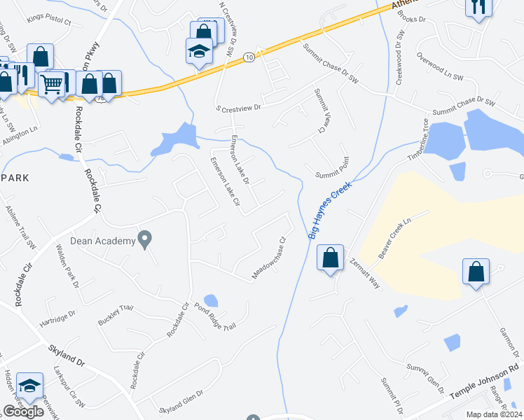 map of restaurants, bars, coffee shops, grocery stores, and more near 1947 Emerson Lake Circle in Snellville