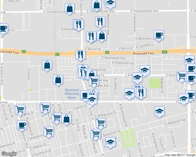 map of restaurants, bars, coffee shops, grocery stores, and more near 1261 East Balsam Avenue in Anaheim