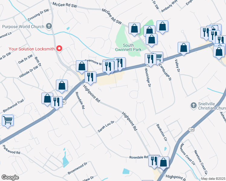 map of restaurants, bars, coffee shops, grocery stores, and more near 3108 Destin Circle in Snellville