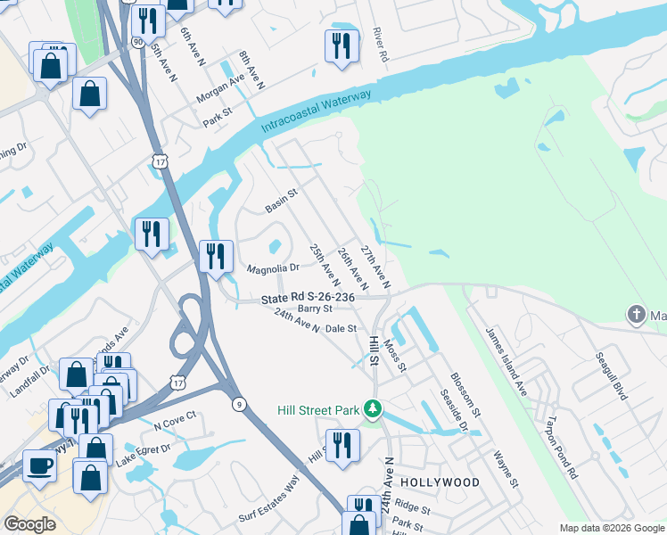 map of restaurants, bars, coffee shops, grocery stores, and more near 1514 25th Avenue North in North Myrtle Beach