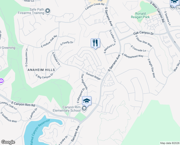 map of restaurants, bars, coffee shops, grocery stores, and more near 7974 East Monte Carlo Avenue in Anaheim