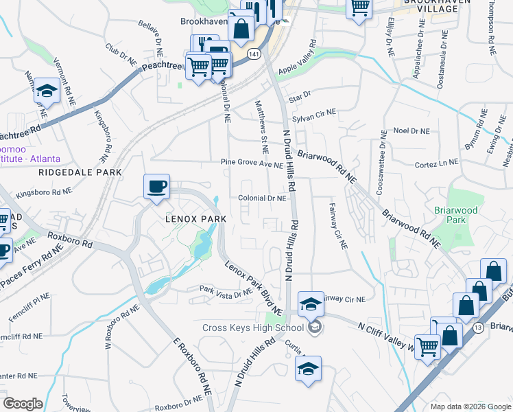 map of restaurants, bars, coffee shops, grocery stores, and more near 2254 Lenox Walk Northeast in Atlanta
