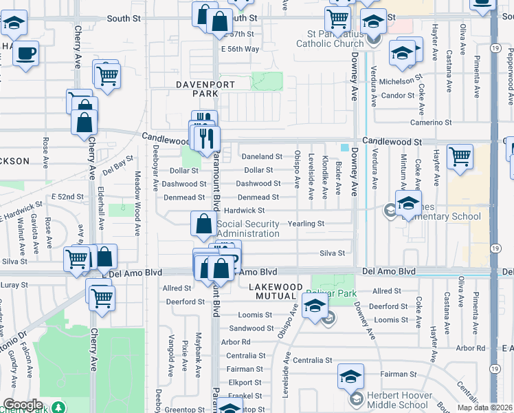 map of restaurants, bars, coffee shops, grocery stores, and more near 2823 Hardwick Street in Lakewood