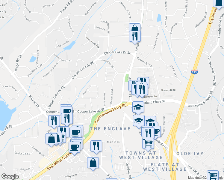 map of restaurants, bars, coffee shops, grocery stores, and more near 4241 Weaver Street in Smyrna