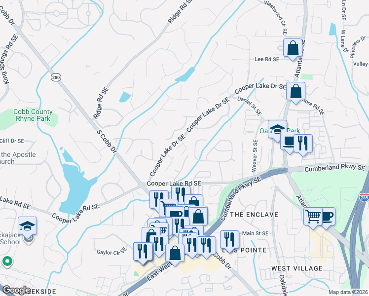 map of restaurants, bars, coffee shops, grocery stores, and more near 1674 Hammock Drive in Smyrna