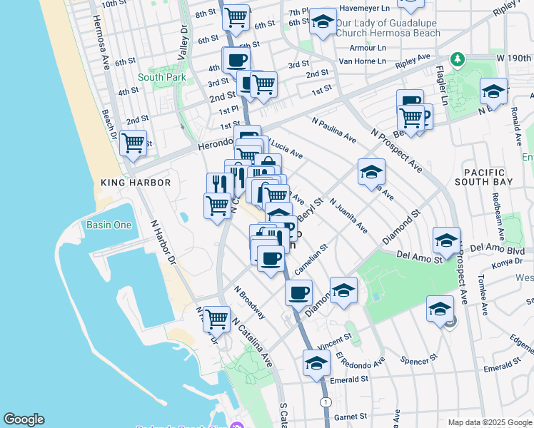 map of restaurants, bars, coffee shops, grocery stores, and more near 543 North Pacific Coast Highway in Redondo Beach