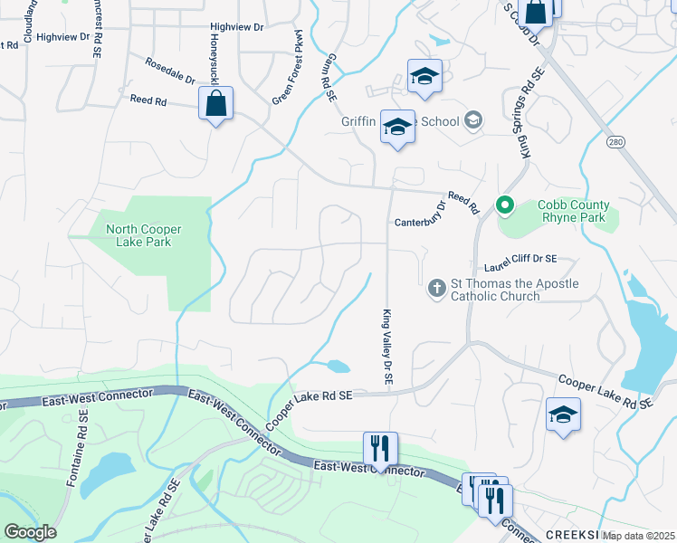 map of restaurants, bars, coffee shops, grocery stores, and more near 1030 Queensgate Drive Southeast in Smyrna