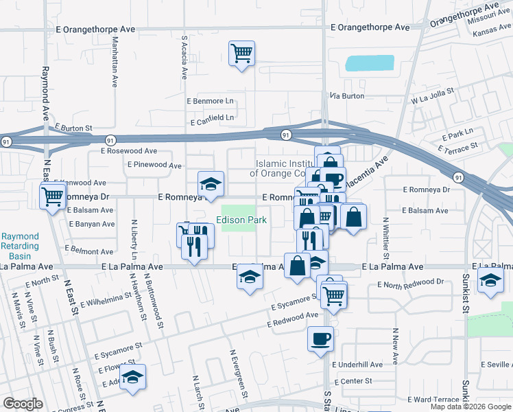 map of restaurants, bars, coffee shops, grocery stores, and more near North Baxter Street & East Warrenton Avenue in Anaheim