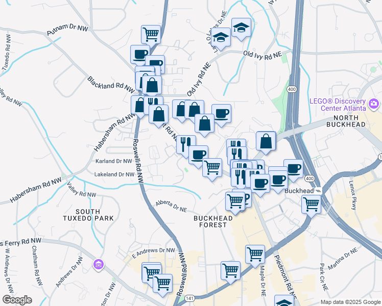 map of restaurants, bars, coffee shops, grocery stores, and more near 3525 Piedmont Road Northeast in Atlanta