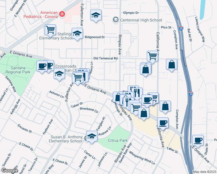 map of restaurants, bars, coffee shops, grocery stores, and more near 2225 Loch Ness Circle in Corona