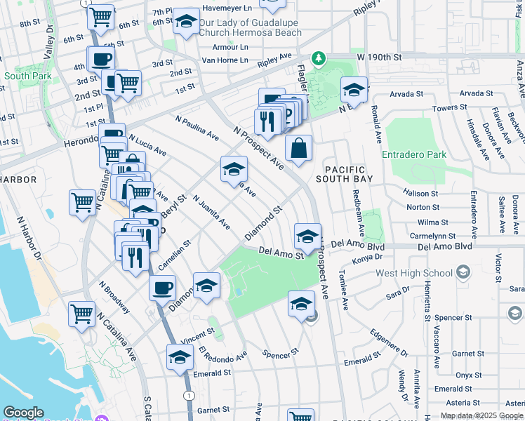 map of restaurants, bars, coffee shops, grocery stores, and more near 515 North Maria Avenue in Redondo Beach