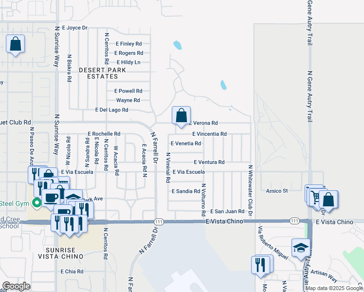 map of restaurants, bars, coffee shops, grocery stores, and more near 2773 East Venetia Road in Palm Springs