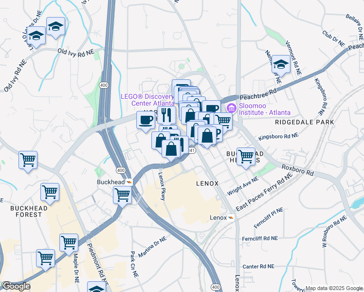 map of restaurants, bars, coffee shops, grocery stores, and more near 3348 Peachtree Road in Atlanta