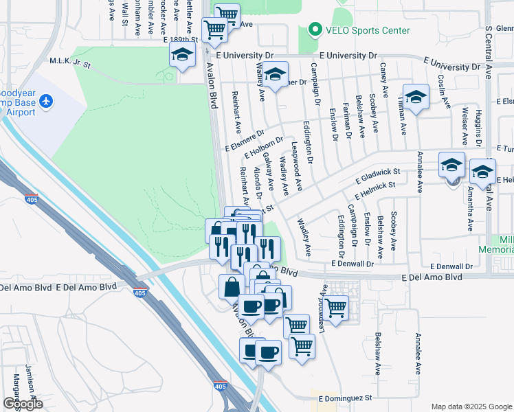 map of restaurants, bars, coffee shops, grocery stores, and more near 19919 Alonda Drive in Carson