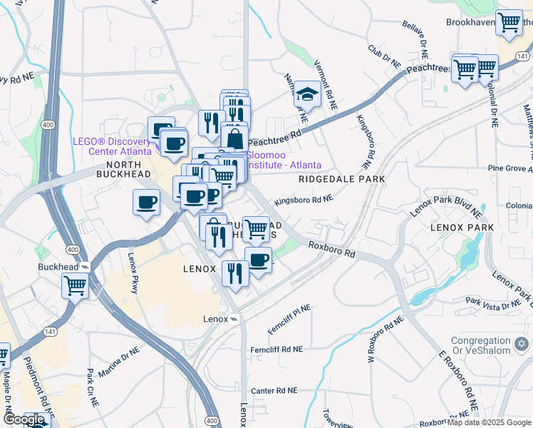 map of restaurants, bars, coffee shops, grocery stores, and more near 3520 Roxboro Road in Atlanta