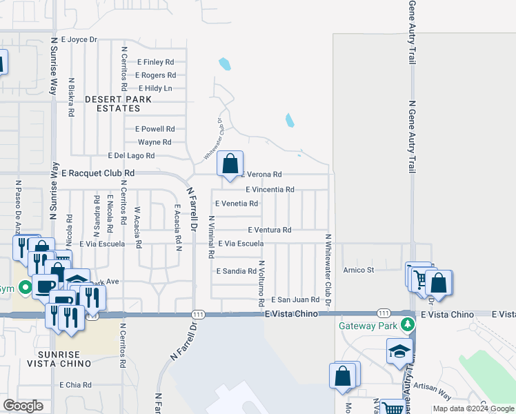 map of restaurants, bars, coffee shops, grocery stores, and more near 2895 East Venetia Road in Palm Springs