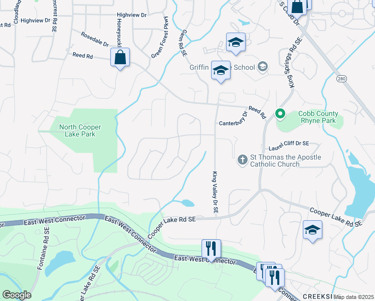 map of restaurants, bars, coffee shops, grocery stores, and more near 1030 Queensgate Drive Southeast in Smyrna