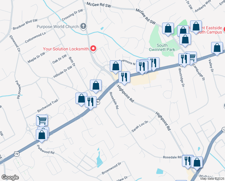 map of restaurants, bars, coffee shops, grocery stores, and more near 2154 Rosedale Rd in Snellville