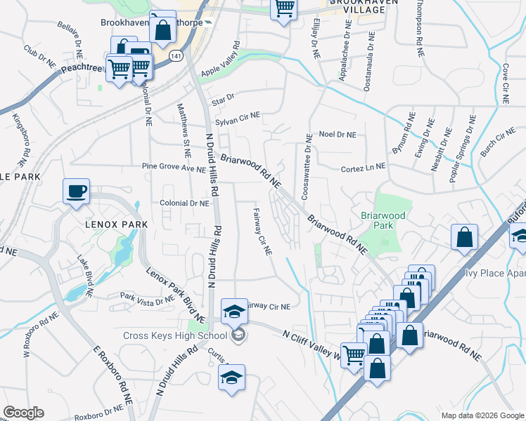 map of restaurants, bars, coffee shops, grocery stores, and more near 1866 Fairway Cir NE in Atlanta