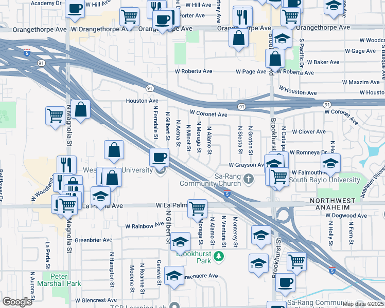 map of restaurants, bars, coffee shops, grocery stores, and more near 1200 North Minot Street in Anaheim
