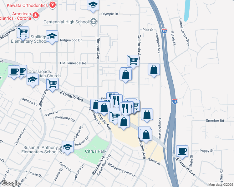 map of restaurants, bars, coffee shops, grocery stores, and more near 2139 Aberdeen Drive in Corona