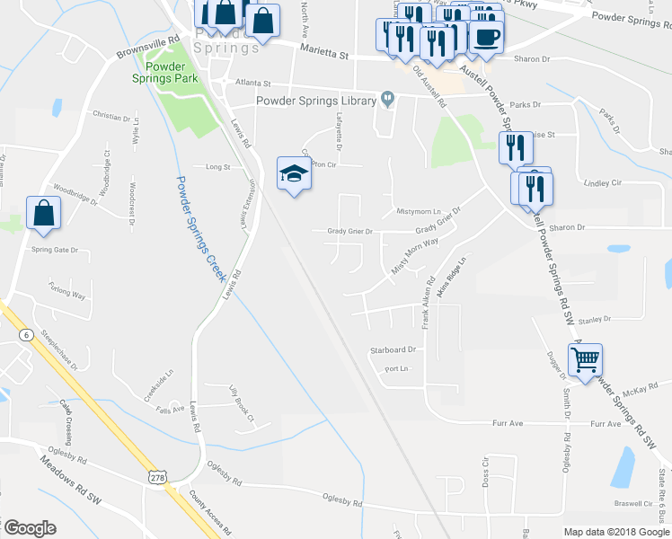 map of restaurants, bars, coffee shops, grocery stores, and more near 4213 New Towne Drive in Powder Springs