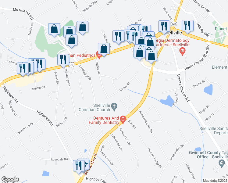map of restaurants, bars, coffee shops, grocery stores, and more near 2369 Valley Way in Snellville