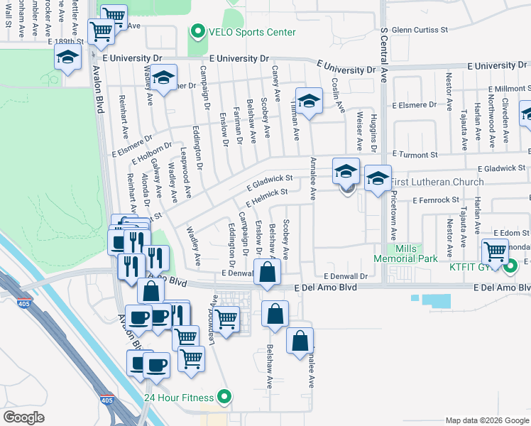 map of restaurants, bars, coffee shops, grocery stores, and more near 19911 Belshaw Avenue in Carson