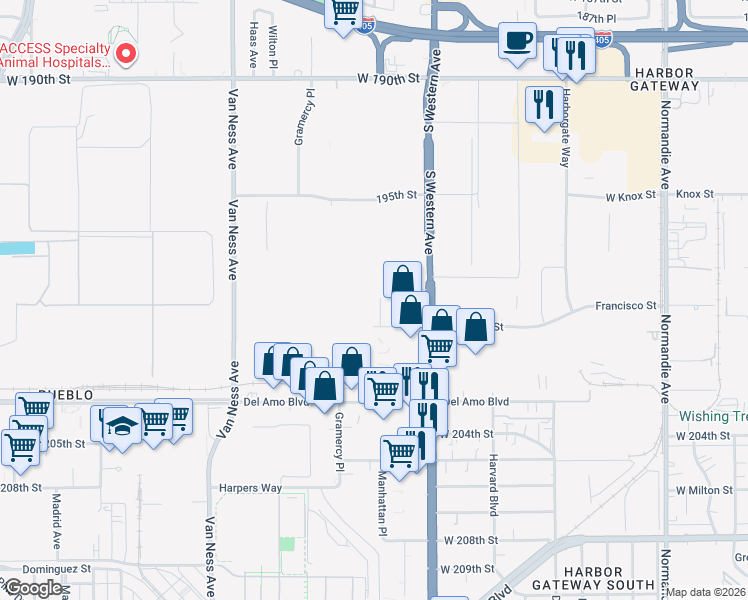 map of restaurants, bars, coffee shops, grocery stores, and more near 1843 Western Way in Torrance