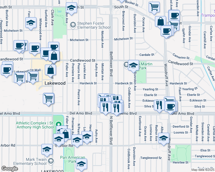 map of restaurants, bars, coffee shops, grocery stores, and more near in Lakewood
