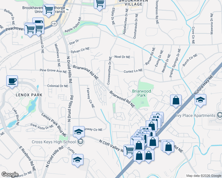 map of restaurants, bars, coffee shops, grocery stores, and more near 1404 Briarwood Road Northeast in Atlanta