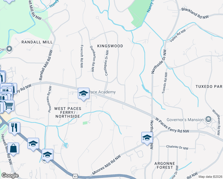 map of restaurants, bars, coffee shops, grocery stores, and more near 801 West Paces Ferry Road Northwest in Atlanta