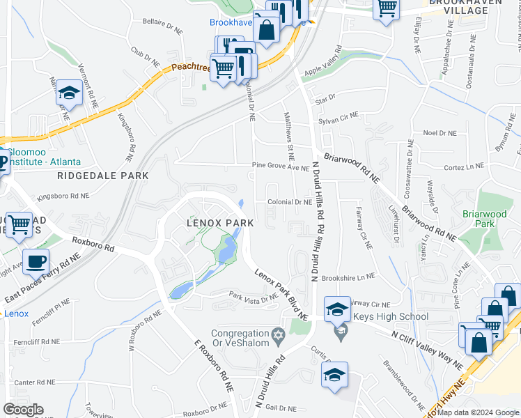 map of restaurants, bars, coffee shops, grocery stores, and more near 2255 Lenox Ridge Court Northeast in Atlanta